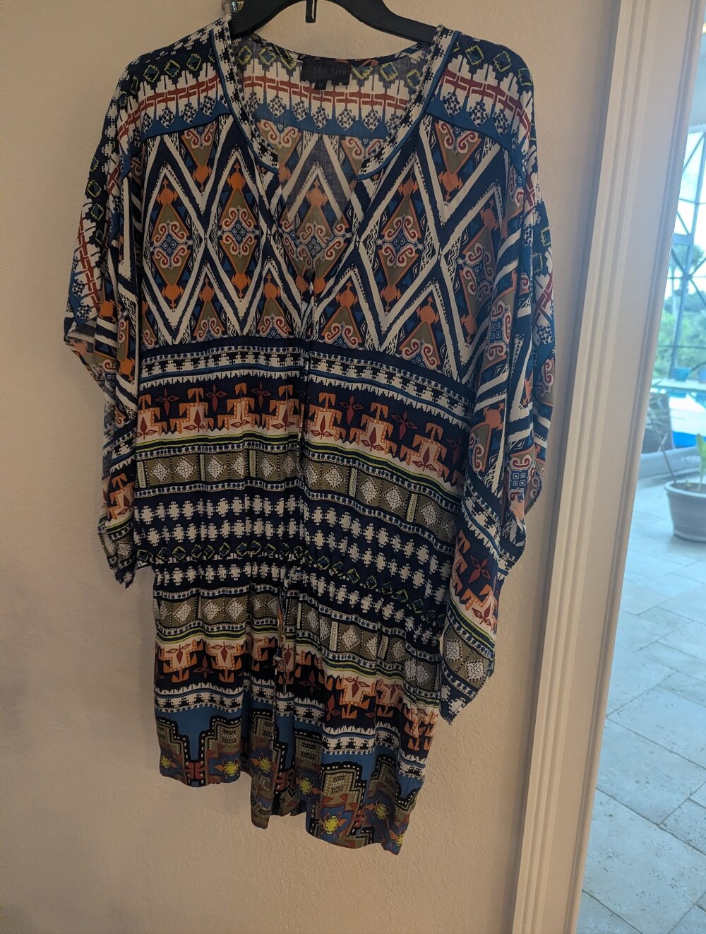 Hale Bob Women's Multicolor Geometric Print Romper M V-Neck Kimono Sleeve Tunic